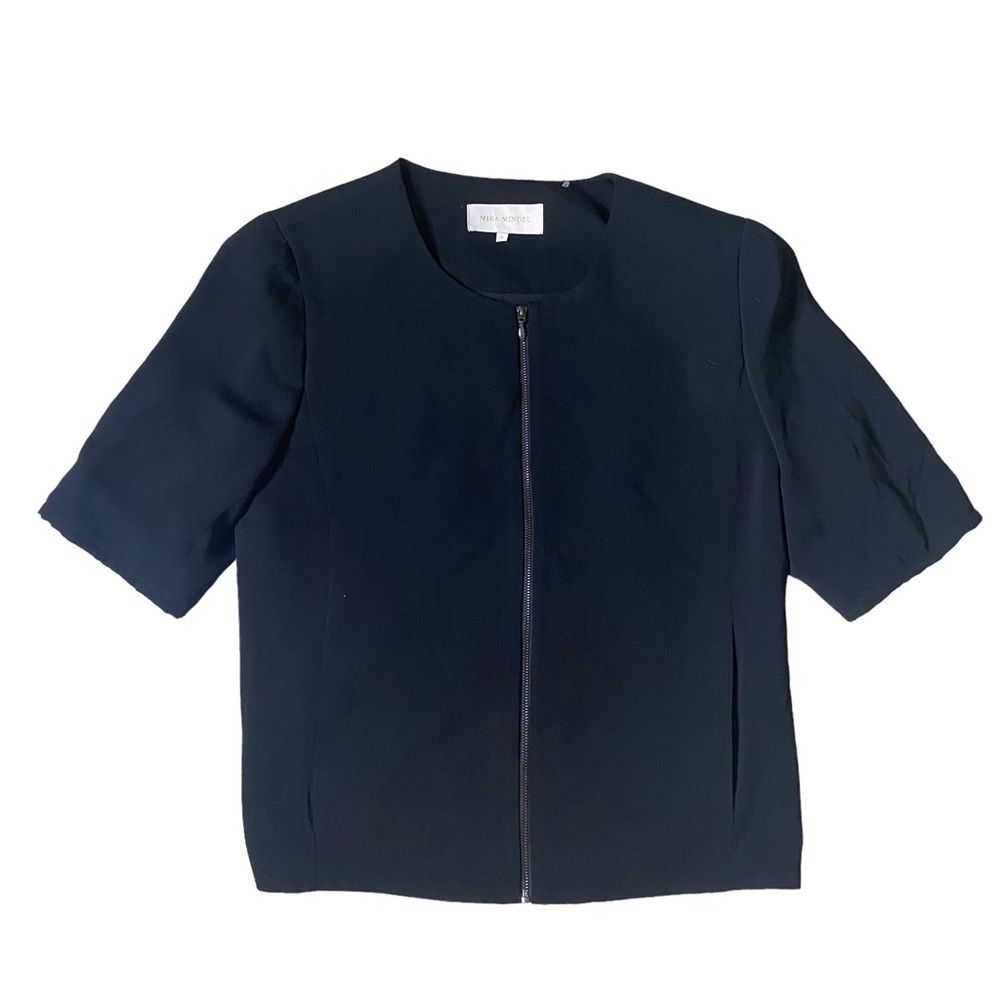 Mika Mindel Black Zip Front Short Sleeve Shirt Womens Medium